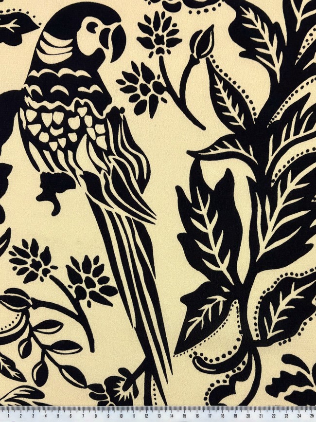 Parrots in Black on Butterscotch Digital Printed Viscose