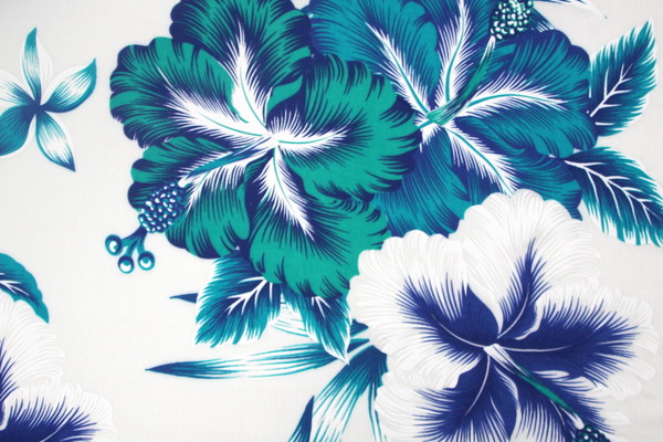 Turquoise, Teal & Blue Hibiscus on White Hawaiian Printed Rayon