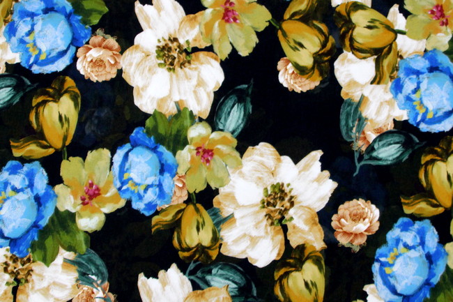 Earthy Toned Floral on Black Digital Printed Viscose