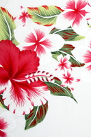 Red Hibiscus & Frangapani on White Hawaiian Printed Rayon 