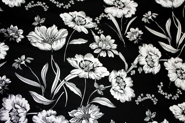 Large Black & White Poppy Printed Stretch Cotton
