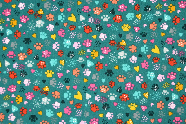 Whiskers Paw Prints & Hearts on Jade Printed Premium Cotton