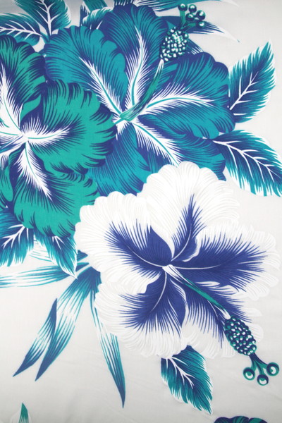 Turquoise, Teal & Blue Hibiscus on White Hawaiian Printed Rayon
