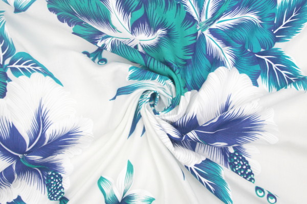 Turquoise, Teal & Blue Hibiscus on White Hawaiian Printed Rayon