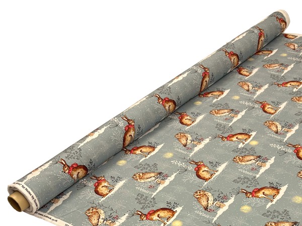 Owls & Hares on Blue Cotton