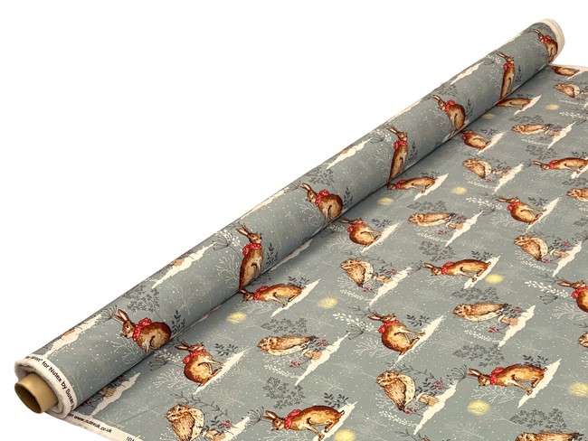 Owls & Hares on Blue Cotton
