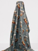 Owls & Hares on Blue Cotton