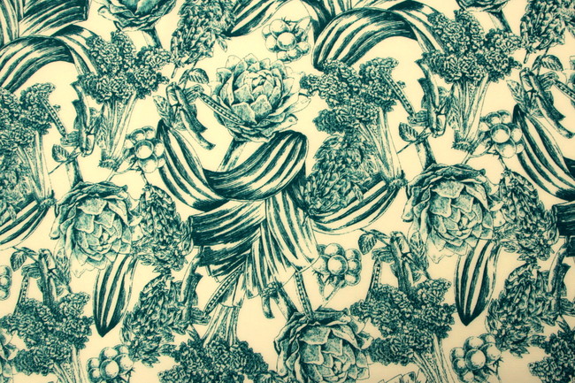 Teal Mixed Veges on Ivory Rayon
