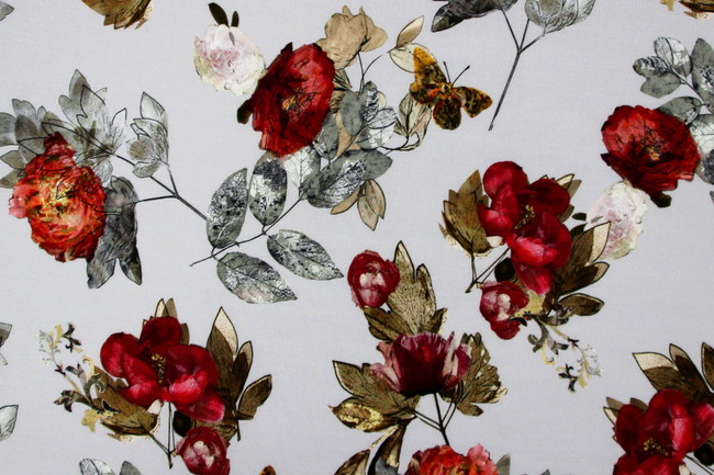 Multi Floral & Butterflies on Dove Grey Digital Printed Viscose