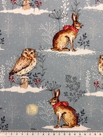 Owls & Hares on Blue Cotton