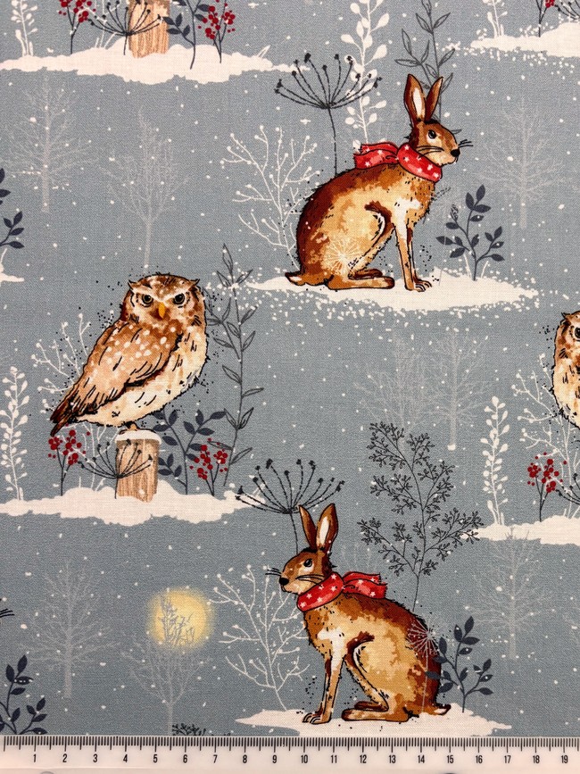 Owls & Hares on Blue Cotton