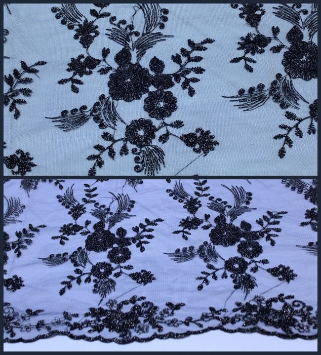 * REMNANT - Gorgeous Embroidered Tulle with Scalloped Edge - Dark Navy Ruffle