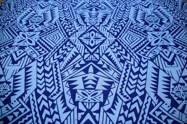 Powder Blue & Dark Blue Polynesian Designs Cotton Dobby
