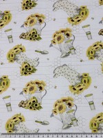 Sunflowers & Garden Tools on Soft White Printed Cotton