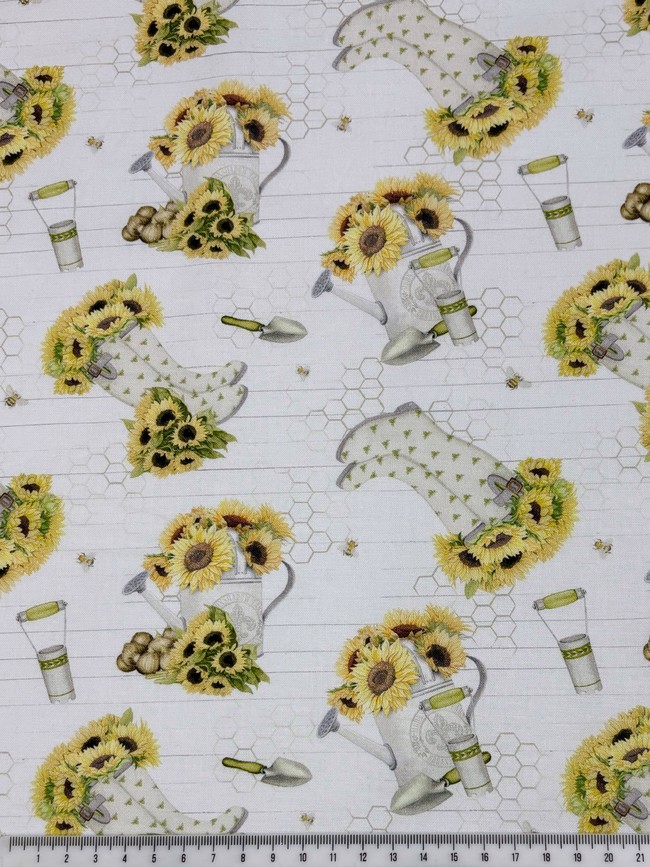 Sunflowers & Garden Tools on Soft White Printed Cotton