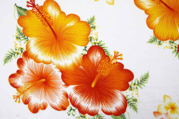 Orange, Red & Yellow Hibiscus on White Hawaiian Printed Rayon