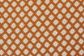 Classic White Floral Design on Gingerbread Printed Rayon with Crepe Finish