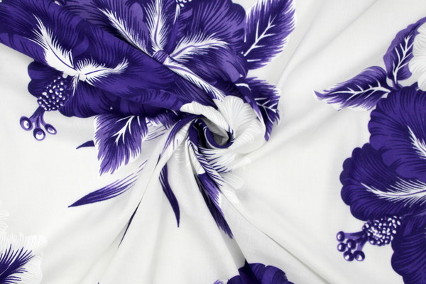 Large Purple Hibiscus on White Hawaiian Printed Rayon