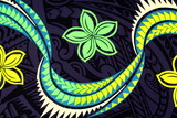 Green, Lime, Blue & White Swirl Island Design on Navy & Black Cotton/Rayon Blend