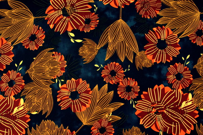 Autumn Toned Floral on Dark Navy Printed Rayon