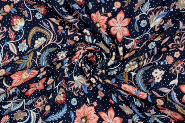 Summer Floral on Dark Navy Printed Rayon with Crepe Finish