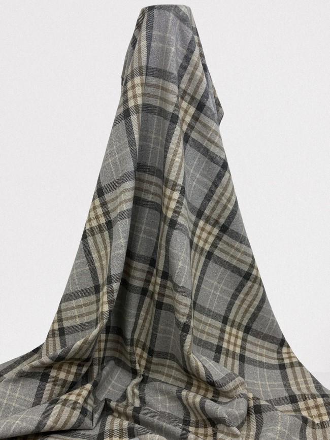 Grey & Neutral Tones Tartan Check Brushed Wool Blend