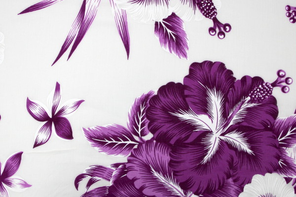 Large Magenta Hibiscus on White Hawaiian Printed Rayon