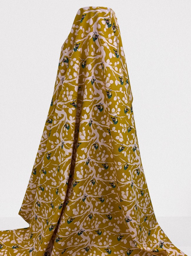 Miniature Birds on Burnt Mustard Printed Cotton