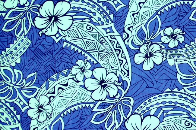 Aqua & Black Hibiscus on Royal Blue Pasifika Printed Cotton