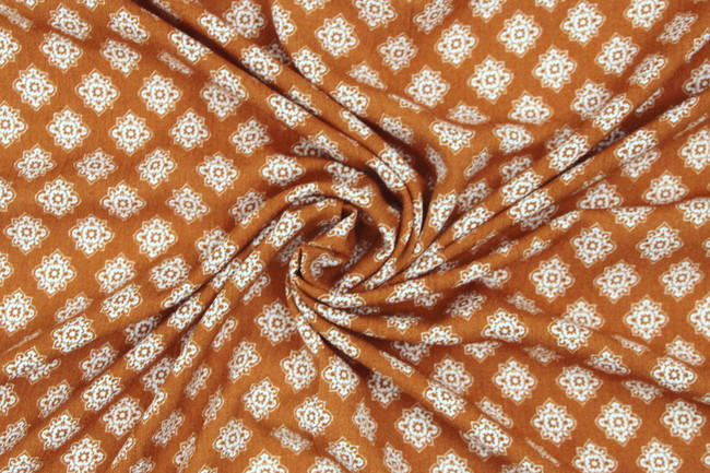 Classic White Floral Design on Gingerbread Printed Rayon with Crepe Finish