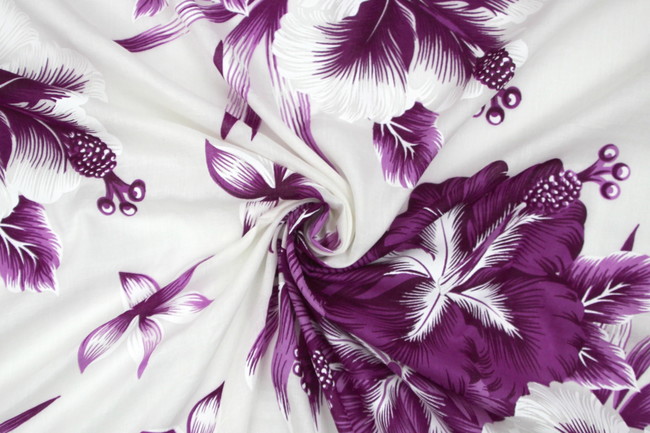 Large Magenta Hibiscus on White Hawaiian Printed Rayon