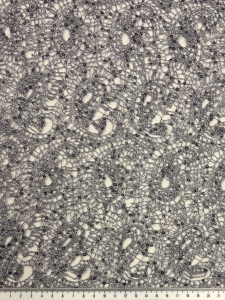 Grey Sequinned Paisley Cobweb Guipure Lace
