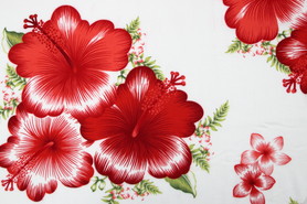 Red & Watermelon Hisbiscus on White Hawaiian Printed Rayon