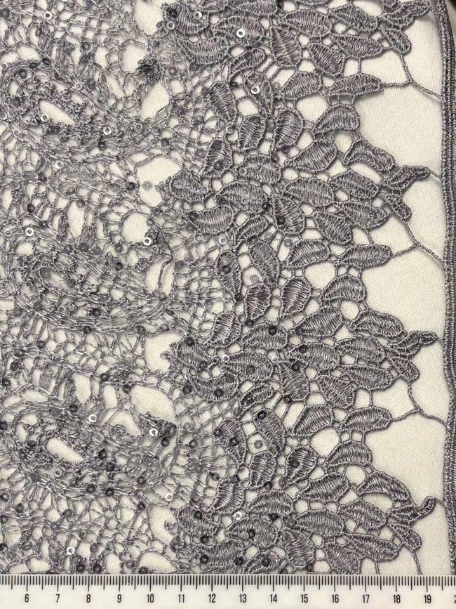 Grey Sequinned Paisley Cobweb Guipure Lace