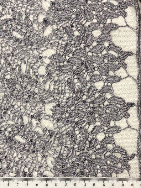 Grey Sequinned Paisley Cobweb Guipure Lace