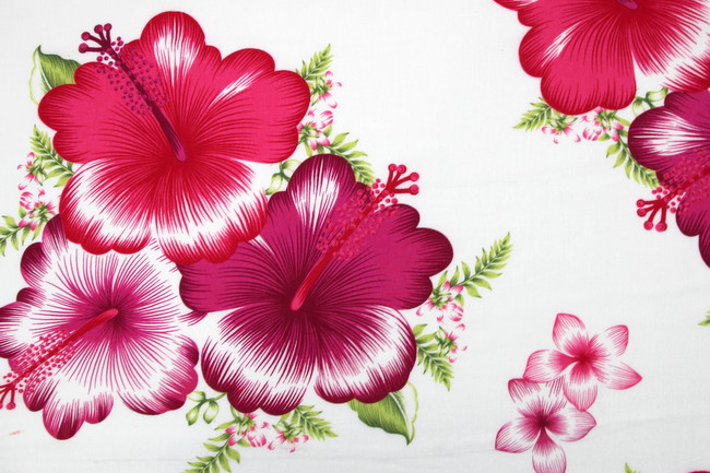 Fuschia & Pink Hibiscus on White Hawaiian Printed Rayon