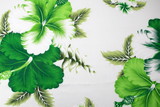 Green Tones Hibiscus on White Hawaiian Printed Rayon