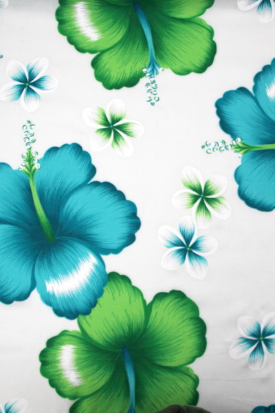 Turquoise & Lime Hibiscus on White Hawaiian Printed Rayon