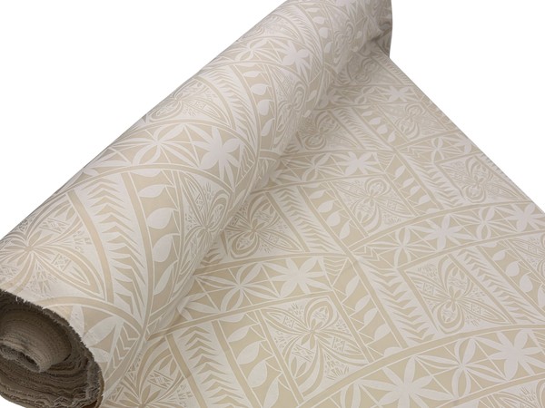White on Beige Traditional Floral Island Design Foiled Stretch Knit