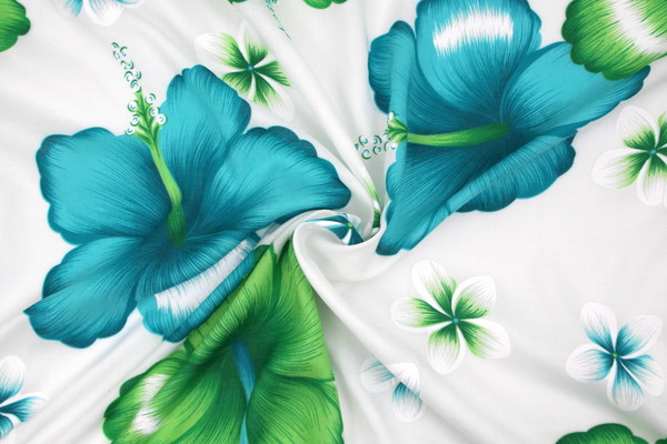 Turquoise & Lime Hibiscus on White Hawaiian Printed Rayon
