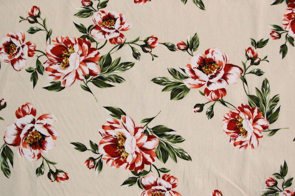 Camellia Blooms on Cream Linen/Rayon Blend