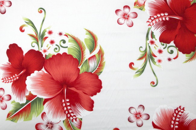 Watermelon Red Hisbiscus & Frangapani on White Hawaiian Printed Rayon