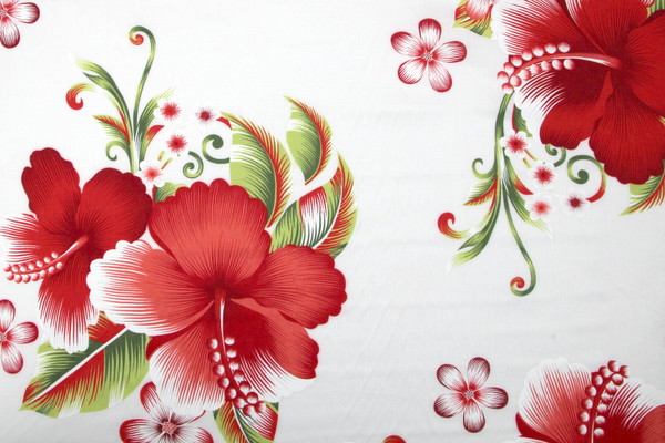 Watermelon Red Hisbiscus & Frangapani on White Hawaiian Printed Rayon