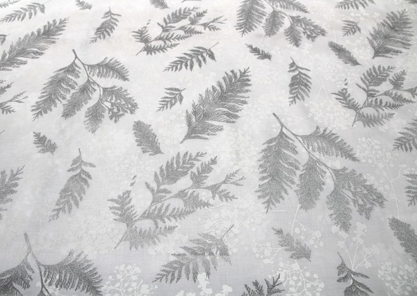 Silver & White Forest Leaves Printed Cotton