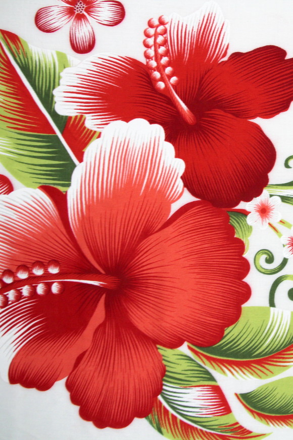 Watermelon Red Hisbiscus & Frangapani on White Hawaiian Printed Rayon