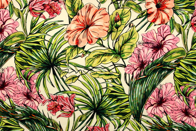Pink Hibiscus & Green Leaves Digital Print Linen/Cotton Blend