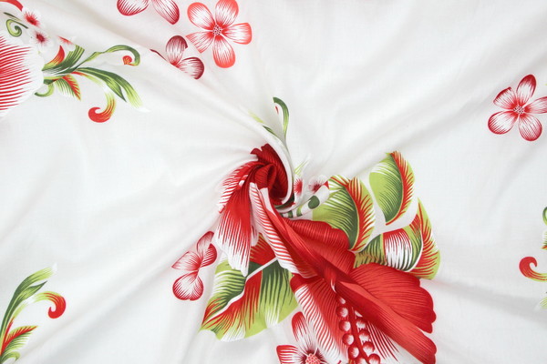 Watermelon Red Hisbiscus & Frangapani on White Hawaiian Printed Rayon