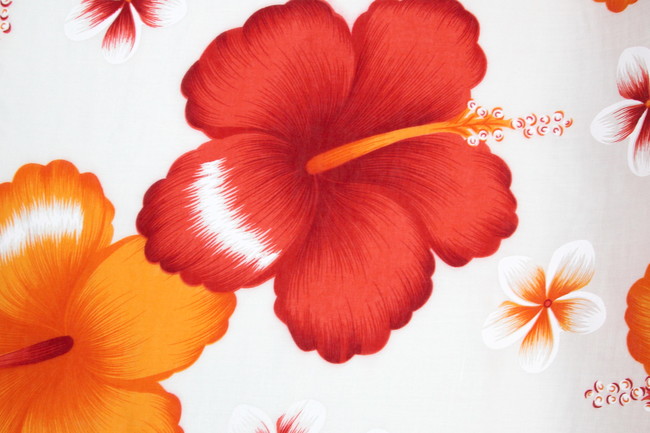 Orange & Red Hibiscus on White Hawaiian Printed Rayon