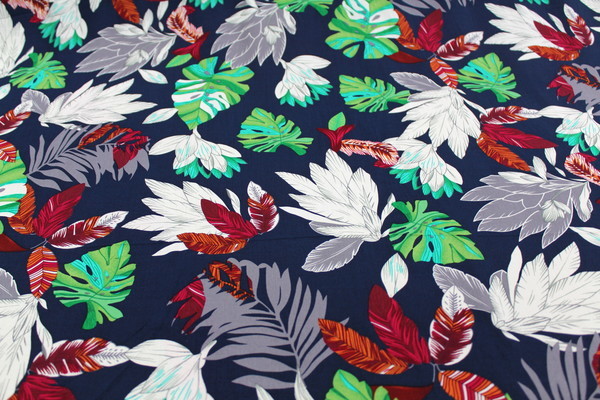 Tropical Leaf Collage on Navy Printed Rayon