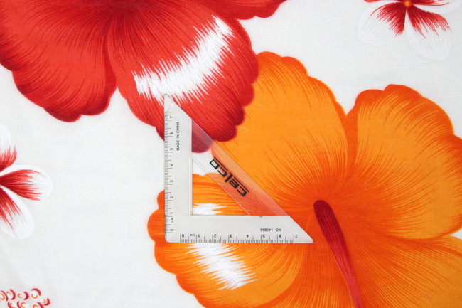 Orange & Red Hibiscus on White Hawaiian Printed Rayon